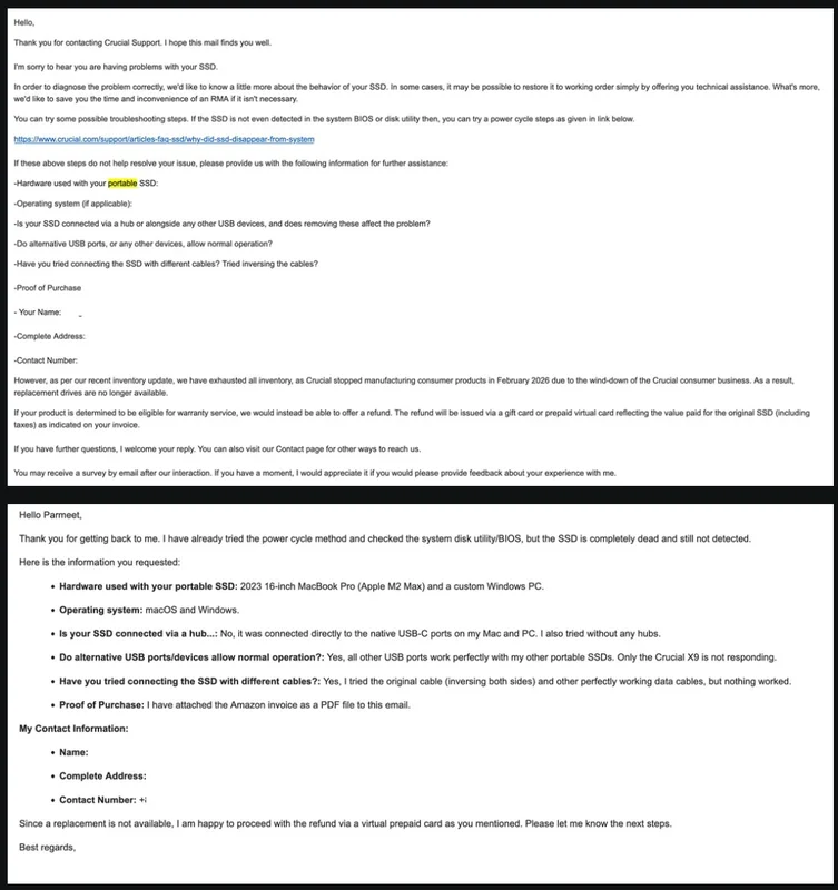 An email exchange details troubleshooting steps and communication regarding a non-detected Crucial SSD, including hardware used: a 2023 16-inch MacBook Pro (Apple M2 Max) and a custom Windows PC.