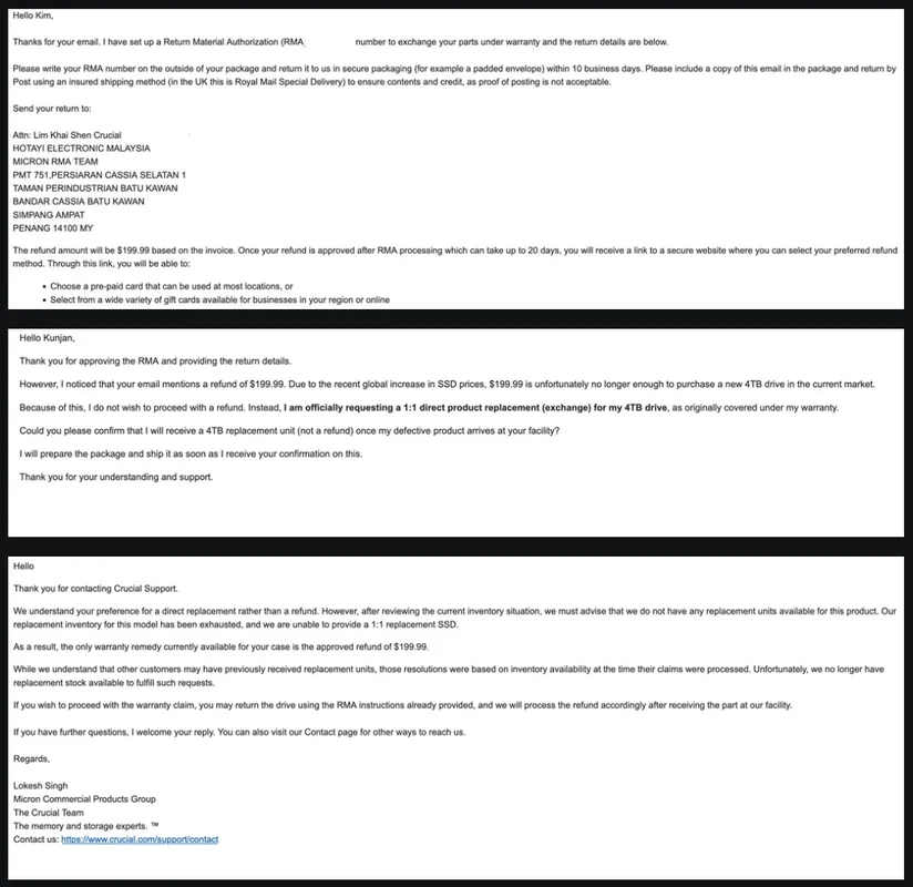 An email exchange between a customer and Micron Crucial Products Group discussing an RMA process, a refund of $199.99, and the unavailability of a 1:1 SSD replacement due to inventory constraints.