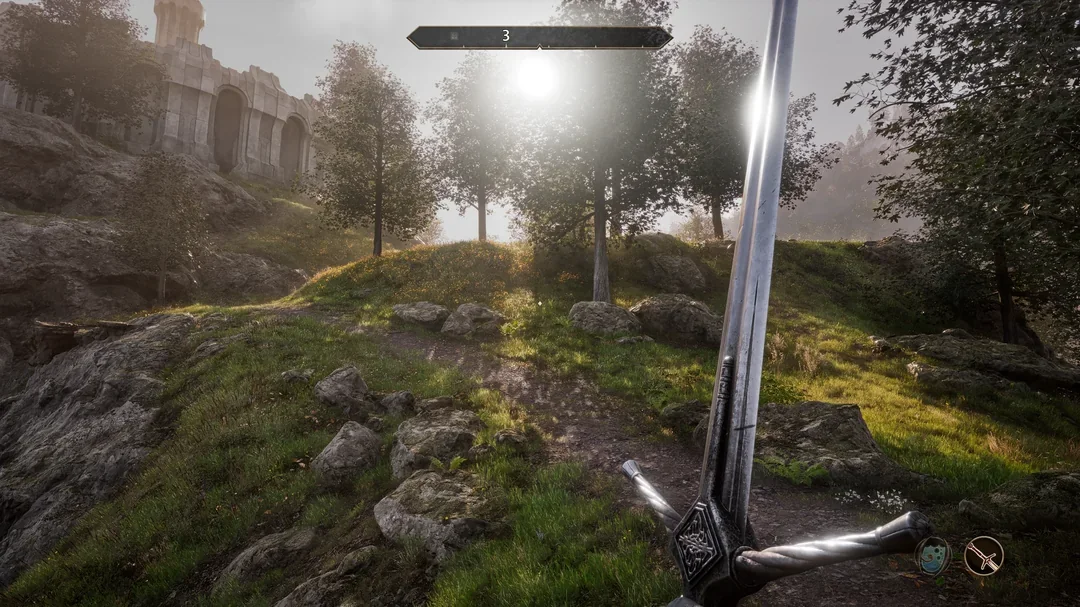 A first-person view in a medieval fantasy game shows a player wielding a sword, standing on a grassy hill with a castle in the background and '3' displayed at the top center of the screen.