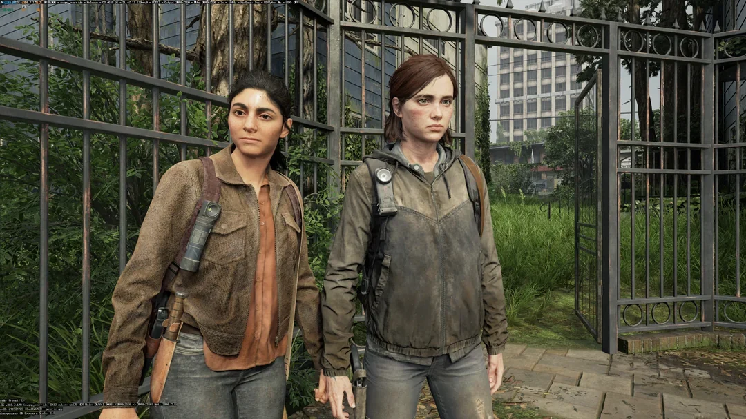 Characters from The Last of Us Part II standing near a gate in an overgrown, urban environment.
