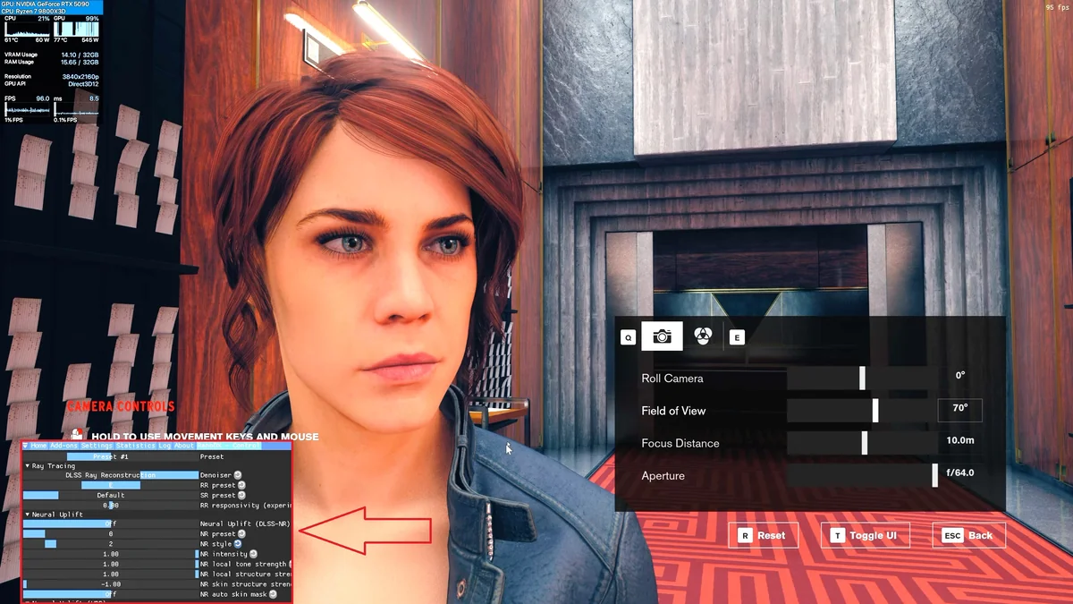 A character in the game Control is shown with an in-game photo mode interface, and an overlay displays a performance monitoring tool indicating use of an NVIDIA GeForce RTX 5090 graphics card.
