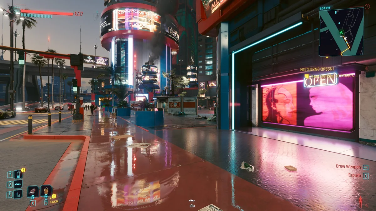 A scene from Cyberpunk 2077 shows a neon-lit street with objective text 'Meet Hanako at Embers' and a map in the upper right corner.