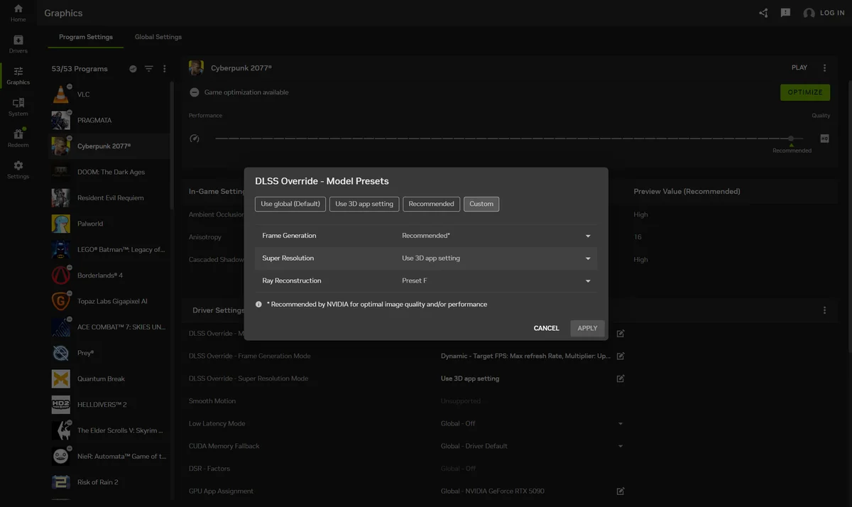 The image shows NVIDIA GeForce settings for 'Cyberpunk 2077', with a 'DLSS Override - Model Presets' dialog recommending 'Frame Generation' and 'Ray Reconstruction: Preset F'.