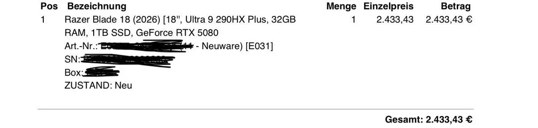 An invoice lists one Razer Blade 18 (2026) with Ultra 9 290HX Plus, 32GB RAM, 1TB SSD, GeForce RTX 5080, priced at 2,433.43 €, with a total of 2,433.43 €.