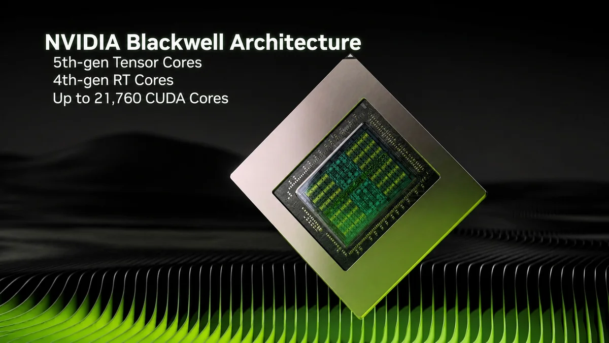 The image shows an NVIDIA Blackwell chip with text highlighting features: '5th-gen Tensor Cores,' '4th-gen RT Cores,' and 'Up to 21,760 CUDA Cores' on a dark background with a green wave pattern.