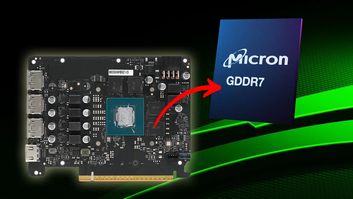 The image shows a graphics card PCB with an arrow pointing to a Micron chip labeled 'GDDR7'.
