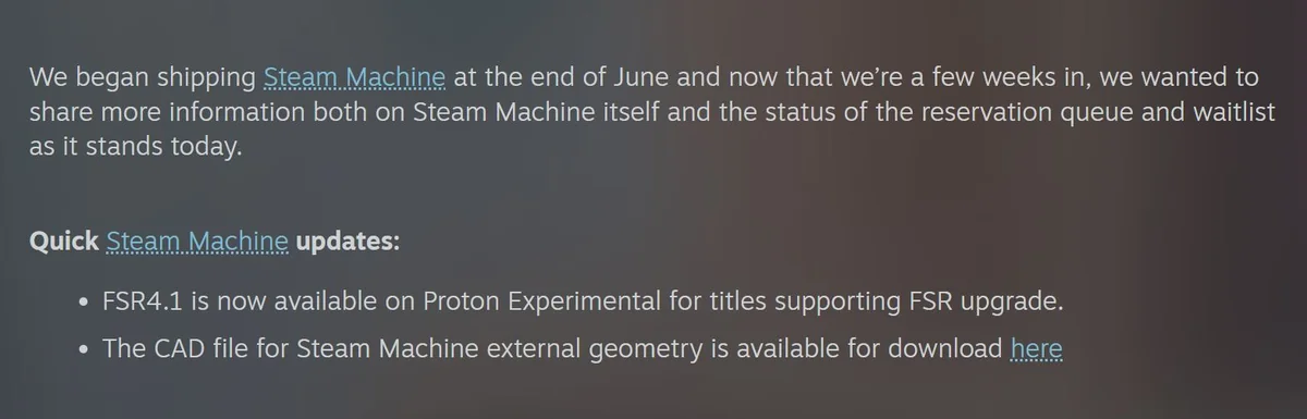 The image shows a text update about the Steam Machine, stating FSR4.1 is available on Proton Experimental and noting a CAD file for the Steam Machine's geometry is available for download.