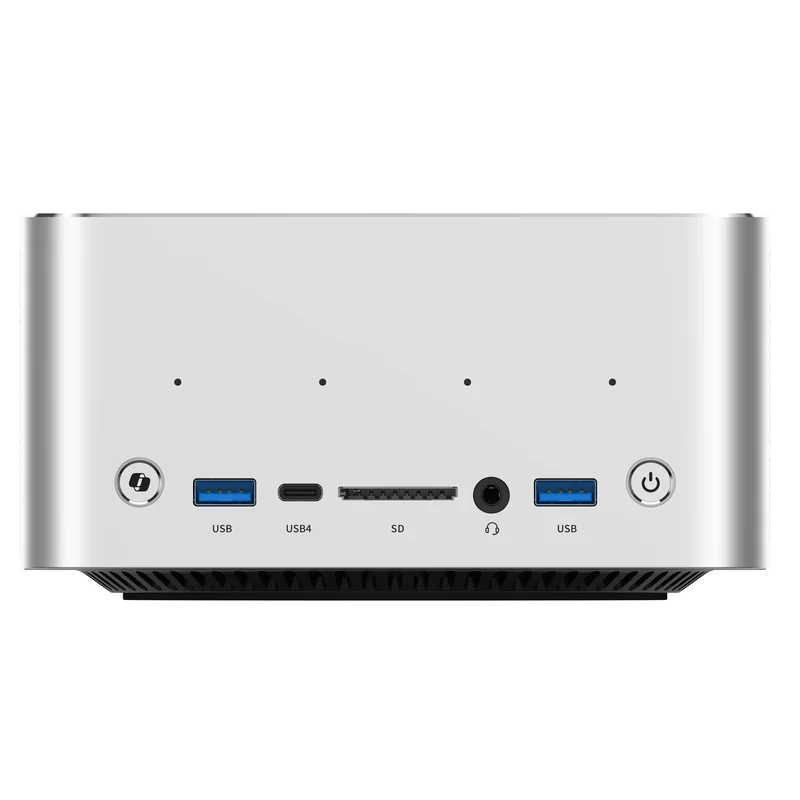 A front view of a mini PC showing two USB ports, a USB4 port, an SD card slot, an audio jack, and a power button on a silver chassis.