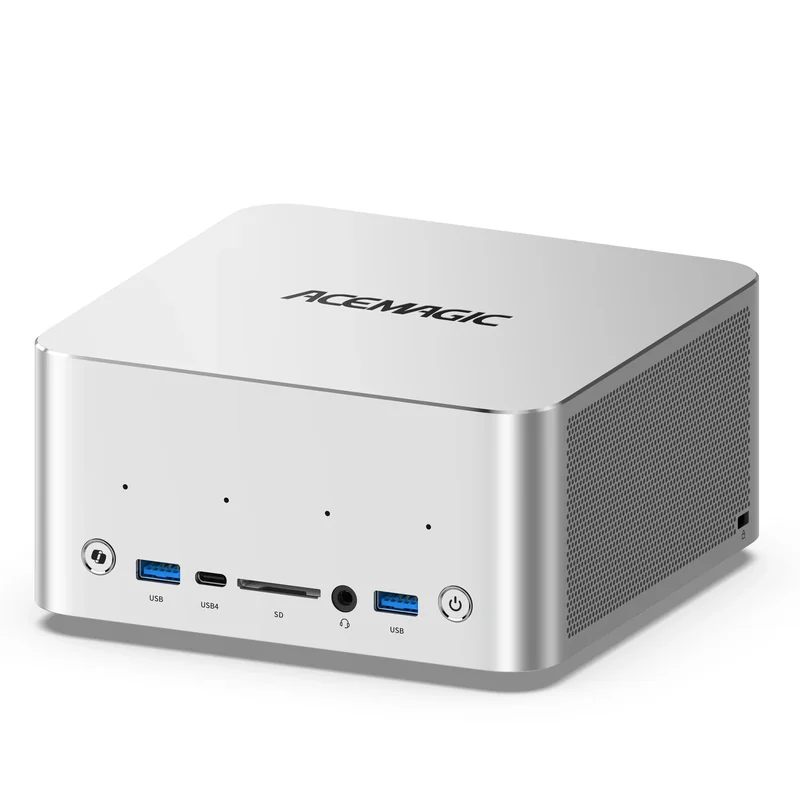 A silver Acemagic mini PC features front USB, USB4, SD card, and audio ports with a power button.