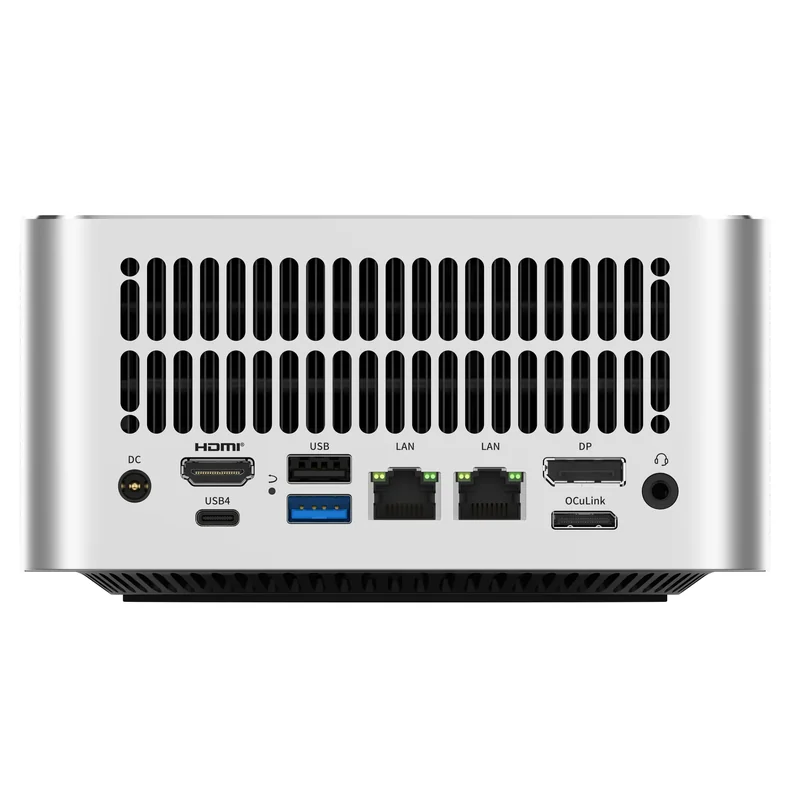 The back panel of a computer features ports including HDMI, two USB4, USB, two LAN, DP, and OCuLink, with ventilation slots above.