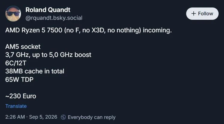 A social media post by Roland Quandt details the specifications of the AMD Ryzen 5 7500, mentioning an AM5 socket, 3.7 GHz base up to 5.0 GHz boost, 6C/12T configuration, 38MB cache, 65W TDP, priced approximately at 230 Euro.