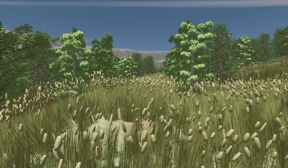 A lush animated landscape shows tall grasses and dense trees under a clear blue sky.