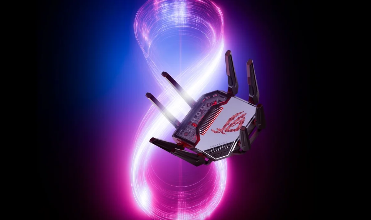 ASUS ROG gaming router with prominent antennas on a vibrant purple and blue background featuring the ROG logo.