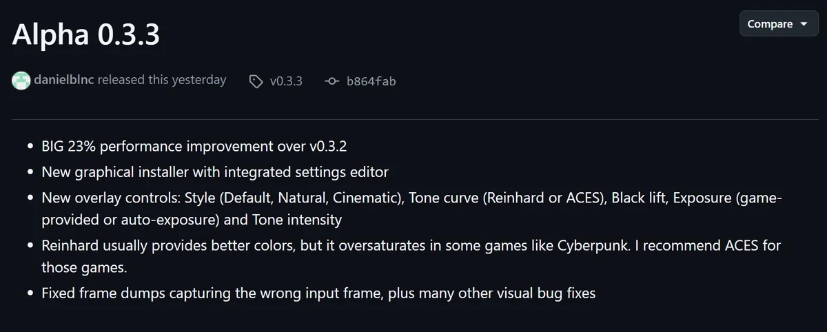 The image shows release notes for 'Alpha 0.3.3' featuring a 23% performance improvement over 'v0.3.2', a new graphical installer with settings editor, new overlay controls, and several visual bug fixes.