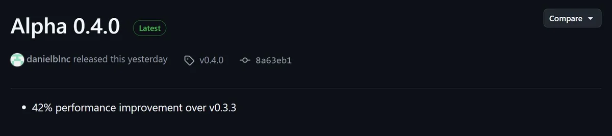 GitHub page showing 'Alpha 0.4.0' with a '42% performance improvement over v0.3.3.'