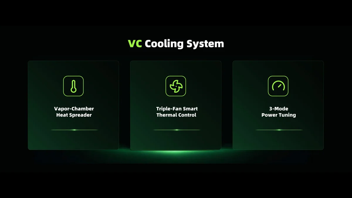 A presentation slide titled 'VC Cooling System' highlights features: 'Vapor-Chamber Heat Spreader,' 'Triple-Fan Smart Thermal Control,' and '3-Mode Power Tuning.'