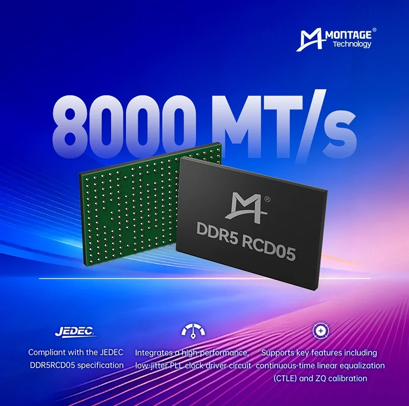 Montage Technology's DDR5 RCD05 chip is showcased with the text '8000 MT/s' prominently displayed, highlighting JEDEC compliance and key features like low-jitter PLL clock driver circuit and CTLE.