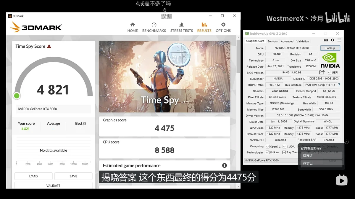 A screenshot displays a 3DMark 'Time Spy' benchmark score of 4821 for an NVIDIA GeForce RTX 3060, with a detailed specification window from TechPowerUp GPU-Z showing information like 8nm GA106 GPU and GDDR6 memory.