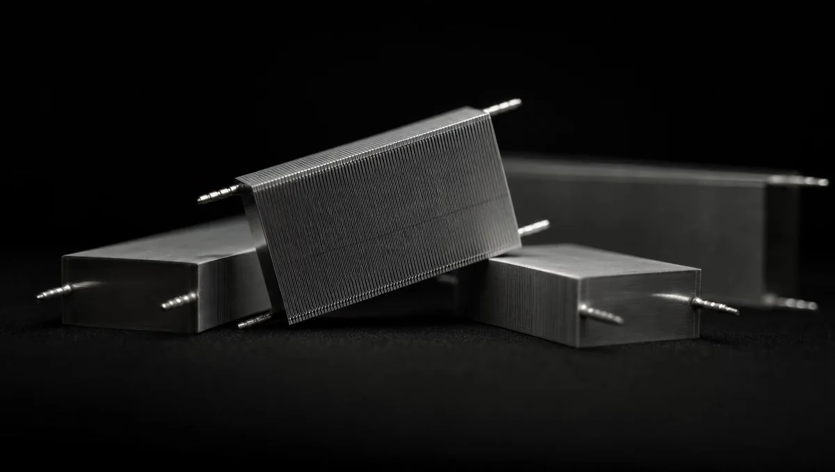 A close-up of four finned metal heat sink blocks with screw threads, arranged on a black surface.