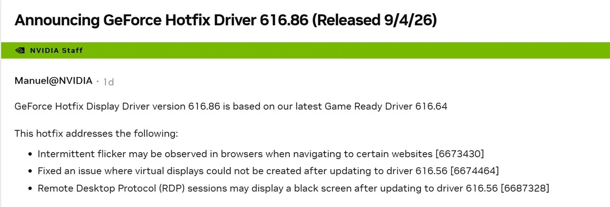 An announcement for the GeForce Hotfix Driver 616.86 addresses issues like intermittent browser flicker and RDP session black screens.