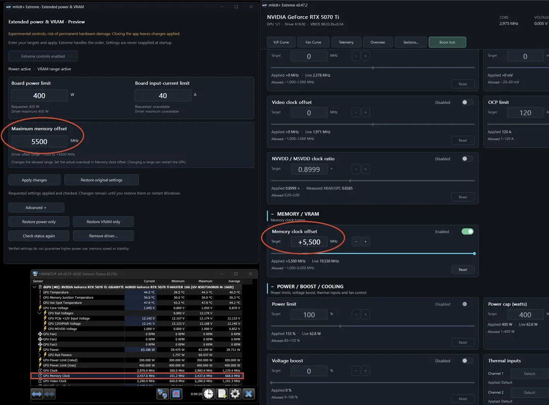 The screenshot shows mVidia software settings for the NVIDIA GeForce RTX 5070 Ti with a 'Maximum memory offset' of 5500 MHz and multiple GPU parameters highlighted, including a memory clock offset of '+5,500 MHz.'