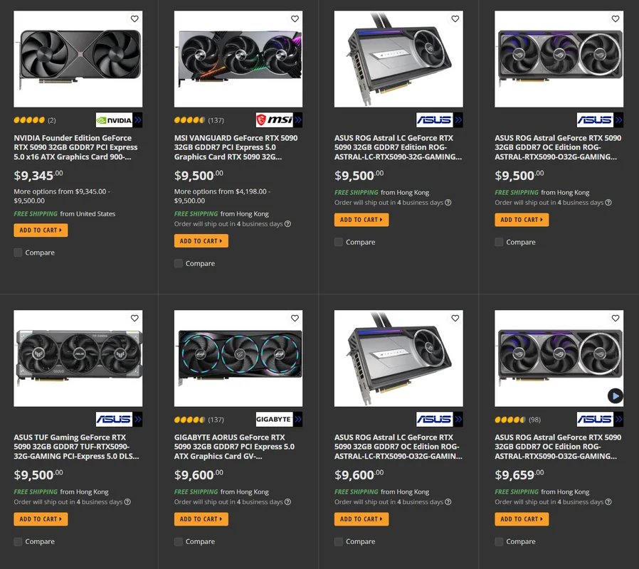 A grid of graphics cards displayed for sale includes models like the NVIDIA Founder Edition GeForce RTX 5090 and ASUS ROG Astral GeForce RTX 5090, with prices ranging from $9,345.00 to $9,569.00.