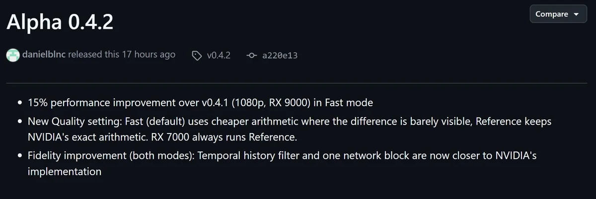 A GitHub release note for 'Alpha 0.4.2' highlights 15% performance improvement over v0.4.1 in Fast mode and a new quality setting with improvements closer to NVIDIA's implementation.