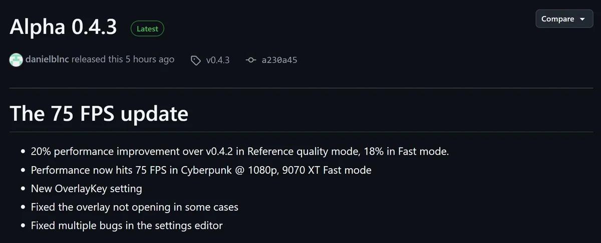 The image shows the release notes for 'Alpha 0.4.3' with highlights including a '20% performance improvement' over v0.4.2, '75 FPS' performance in Cyberpunk at 1080p, a new OverlayKey setting, and fixes for overlay and settings editor bugs.