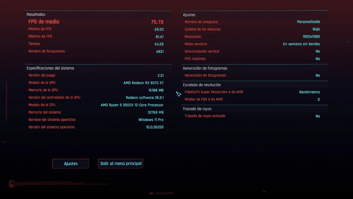 A performance screen shows an AMD Radeon RX 9070 XT achieving an average of '75.19 FPS' with FidelityFX Super Resolution 4 enabled on a system running an AMD Ryzen 9 3900X processor and Windows 11 Pro.