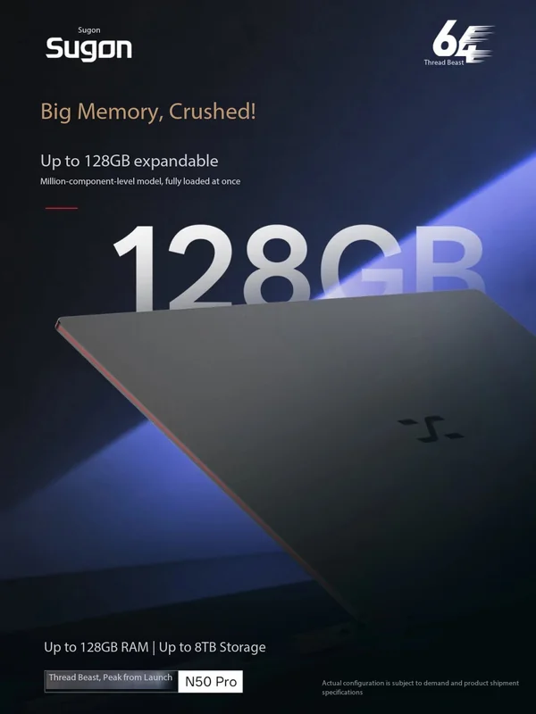 A Sugon N50 Pro laptop is shown with text highlighting its capability of 'Up to 128GB RAM' and 'Up to 8TB Storage.'