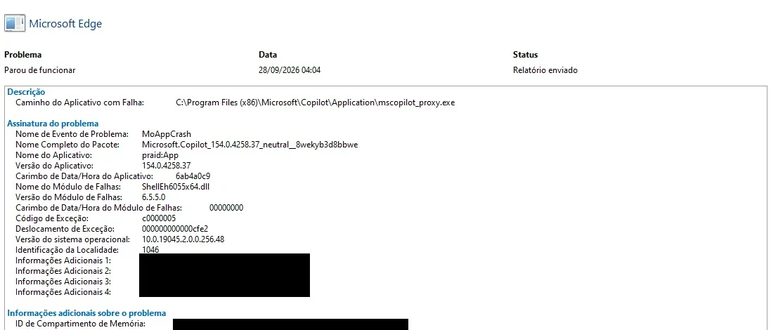 A crash report for Microsoft Edge shows the application 'Microsoft.Copilot_154.0.4258.37_neutral' stopped working with a module fault in 'shellht6055x64.dll'.