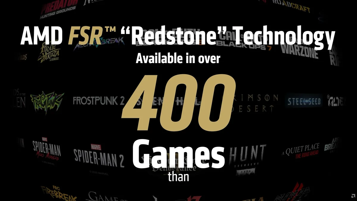 A graphic displaying 'AMD FSR Redstone Technology' with a message stating it is available in over 400 games, featuring titles such as Call of Duty: Warzone, Spider-Man 2, and Frostpunk 2.