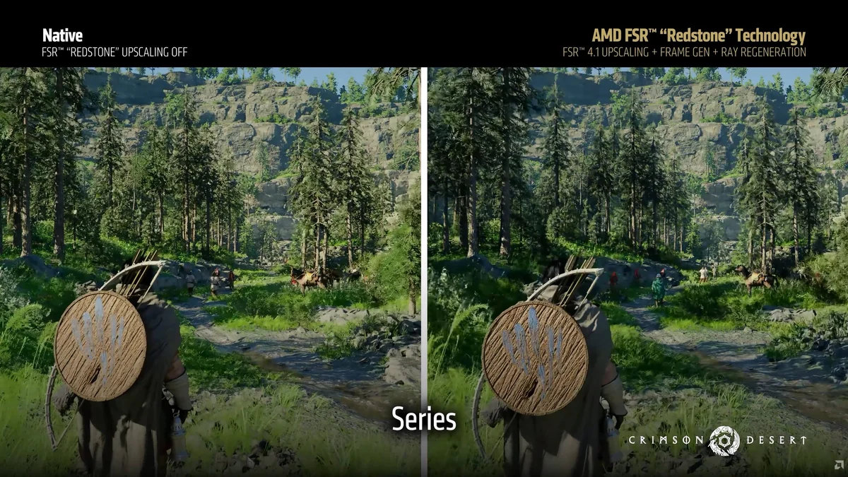 A comparison image from the game 'Crimson Desert' shows the graphics difference between 'Native FSR Redstone Upscaling Off' on the left and 'AMD FSR Redstone Technology' with 'FSR 4.1 Upscaling + Frame Gen + Ray Regeneration' on the right.