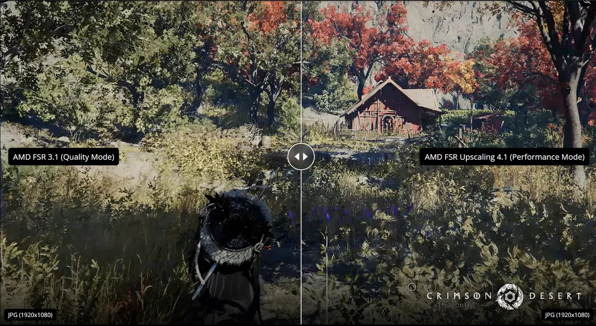 A split-screen image from the game 'Crimson Desert' compares 'AMD FSR 3.1 (Quality Mode)' on the left with 'AMD FSR Upscaling 4.1 (Performance Mode)' on the right.