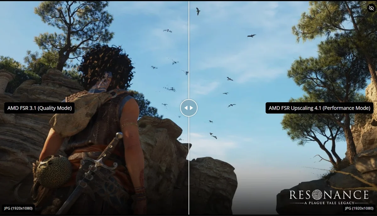 A comparison image shows 'AMD FSR 3.1 (Quality Mode)' on the left and 'AMD FSR Upscaling 4.1 (Performance Mode)' on the right in the game 'A Plague Tale Requiem,' highlighting visual differences in detail and clarity.