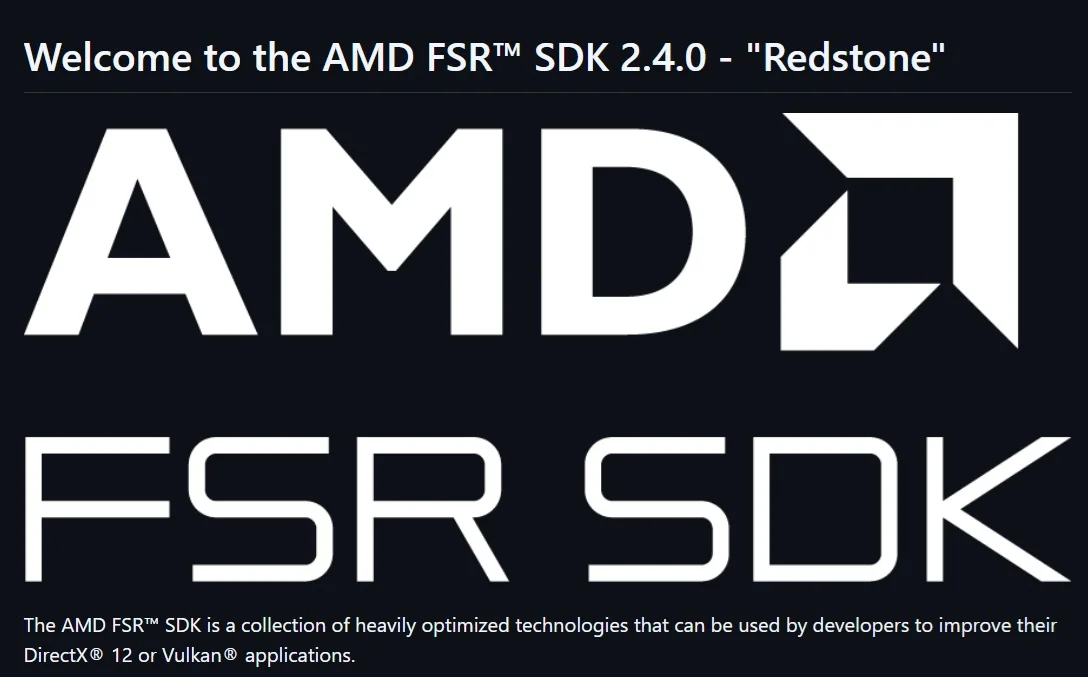 The image displays the text Welcome to the AMD FSR SDK 2.4.0 - 'Redstone' with large AMD FSR SDK branding and a description about its use in enhancing DirectX 12 or Vulkan applications.