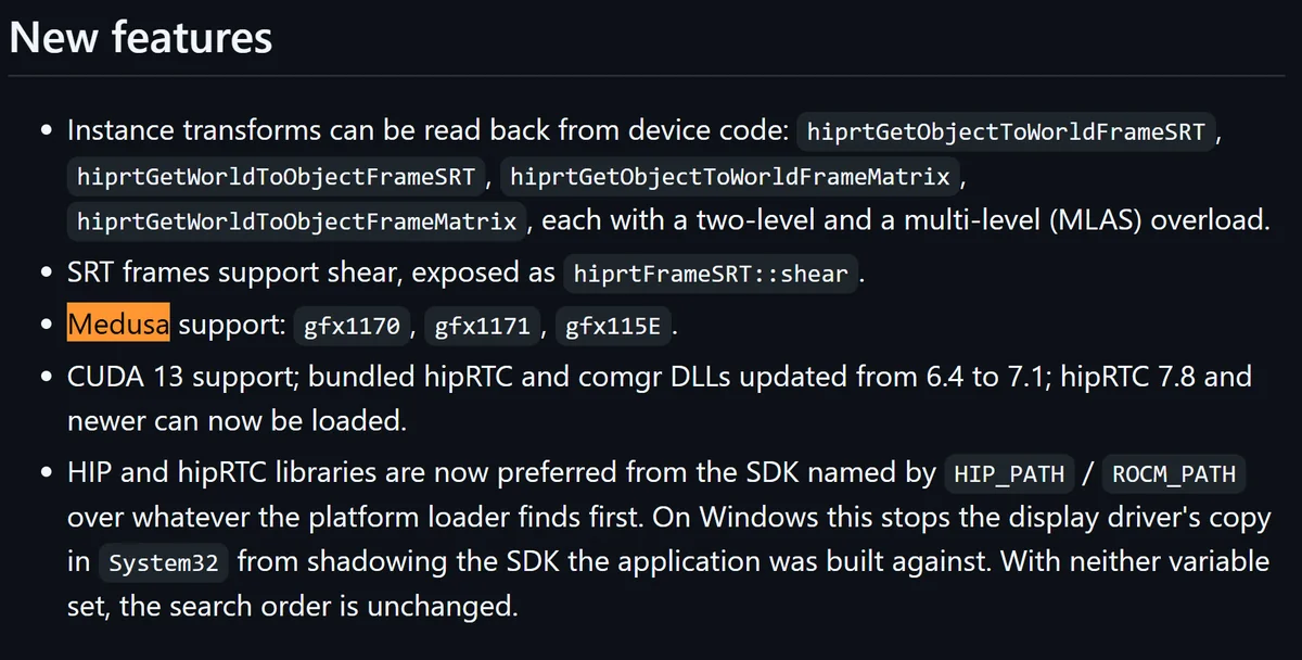 A presentation slide titled 'New features' highlights Medusa support with 'gfx1170,' 'gfx1171,' and 'gfx115E' along with other technical updates.