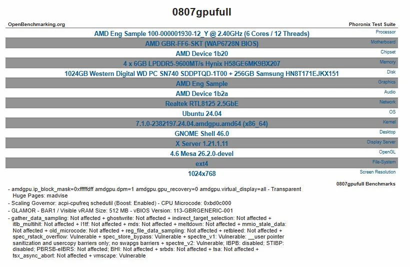 A Phoronix Test Suite result shows an AMD Eng Sample 100-000001930-12 Y CPU running at 2.40GHz with 6 cores, paired with an AMD GBR-FF6-SKT motherboard and a 1024GB Western Digital WD PC SN740 SSD, operating on Ubuntu 24.04 with a screen resolution of 1024x768.