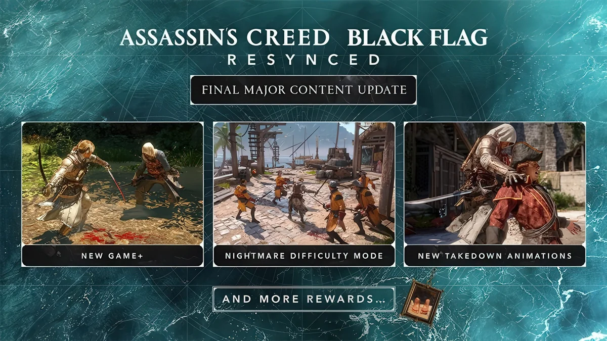 Promotional image for 'Assassin's Creed Black Flag Resynced,' featuring 'Final Major Content Update,' with options for 'New Game+,' 'Nightmare Difficulty Mode,' and 'New Takedown Animations.'