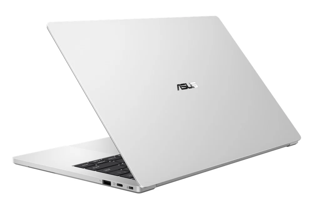 A silver ASUS laptop partially open, displaying the ASUS logo on the back of the screen.