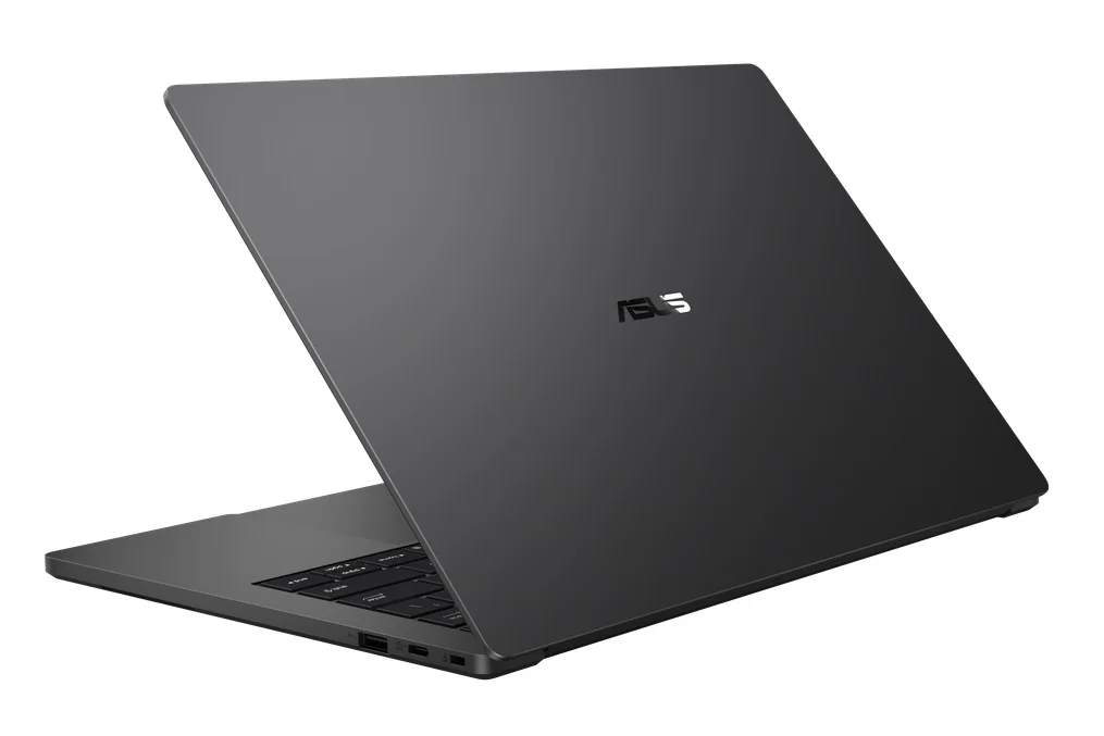 An ASUS laptop with a partially open lid, displaying the ASUS logo on the back of the screen.