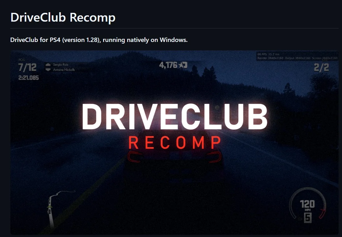 A screenshot of 'DriveClub Recomp' shows the game running on Windows with in-game position and speed indicators visible.