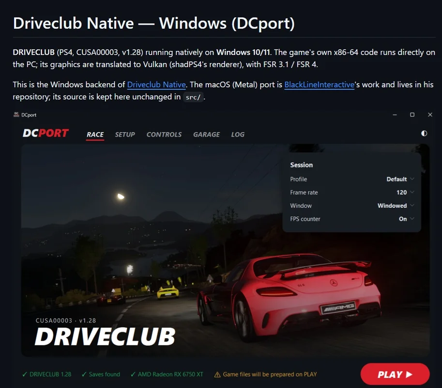 The screen shows 'DRIVECLUB' running on Windows in the 'DCport' interface with a visible Mercedes AMG car, and a 'Session' menu displaying 'Frame rate 120' and 'Windowed' settings.