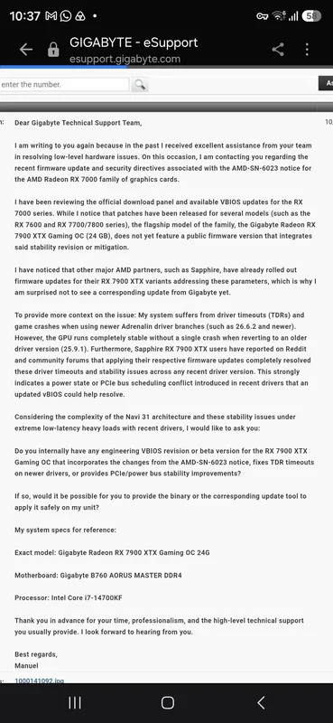 A screenshot of a letter on the Gigabyte eSupport website discusses stability issues with the Gigabyte Radeon RX 7900 XTX Gaming OC 24G and requests firmware updates, mentioning an AMD-SN-6023 notice.