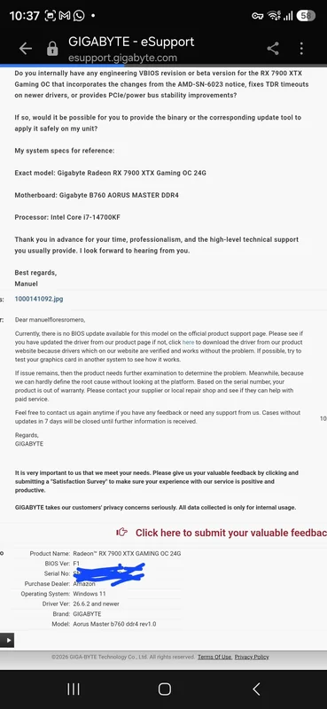 A Gigabyte eSupport page displays a user's inquiry about VBIOS updates for the Gigabyte Radeon RX 7900 XTX Gaming OC 24G, listing system specs including a Gigabyte B760 AORUS MASTER DDR4 motherboard and Intel Core i7-14700KF processor, along with a response stating no available BIOS updates for the model.