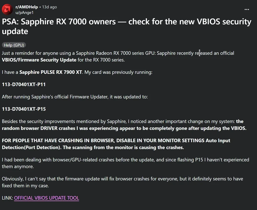 A Reddit post titled 'PSA: Sapphire RX 7000 owners — check for the new VBIOS security update' highlights a VBIOS/Firmware Security Update for Sapphire Radeon RX 7000 series GPUs, mentioning an update from '113-D70401XT-P11' to '113-D70401XT-P15' and noting a resolution for random browser driver crashes.