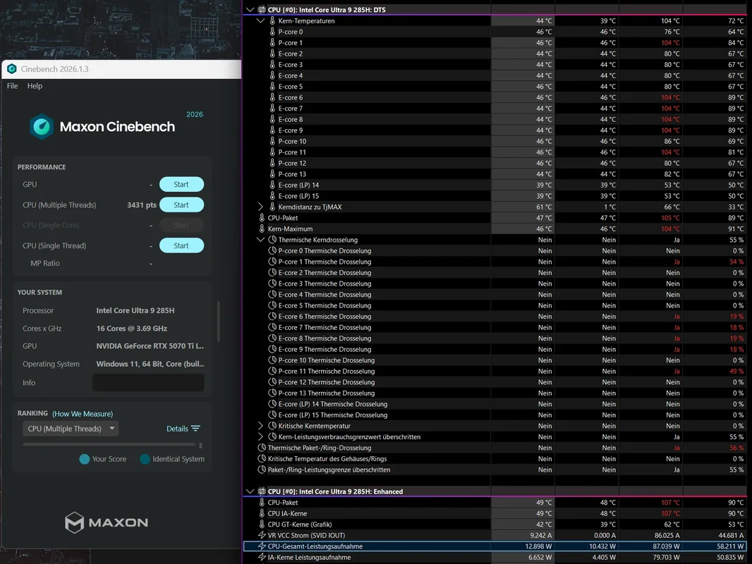 A Maxon Cinebench test shows an Intel Core Ultra 9 285H CPU scoring 3431 points with an NVIDIA GeForce RTX 5070 Ti and running Windows 11.
