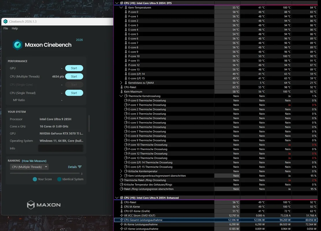 A benchmark screen with a Maxon Cinebench 2026.1.3 test showing an Intel Core Ultra 9 285H CPU scoring 4634 points and running with an NVIDIA GeForce RTX 5070 Ti GPU on Windows 11.