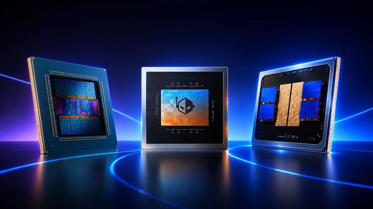 Three Intel processors are displayed against a dark background, each with distinct core designs highlighted in vibrant colors, including blue and gold elements.
