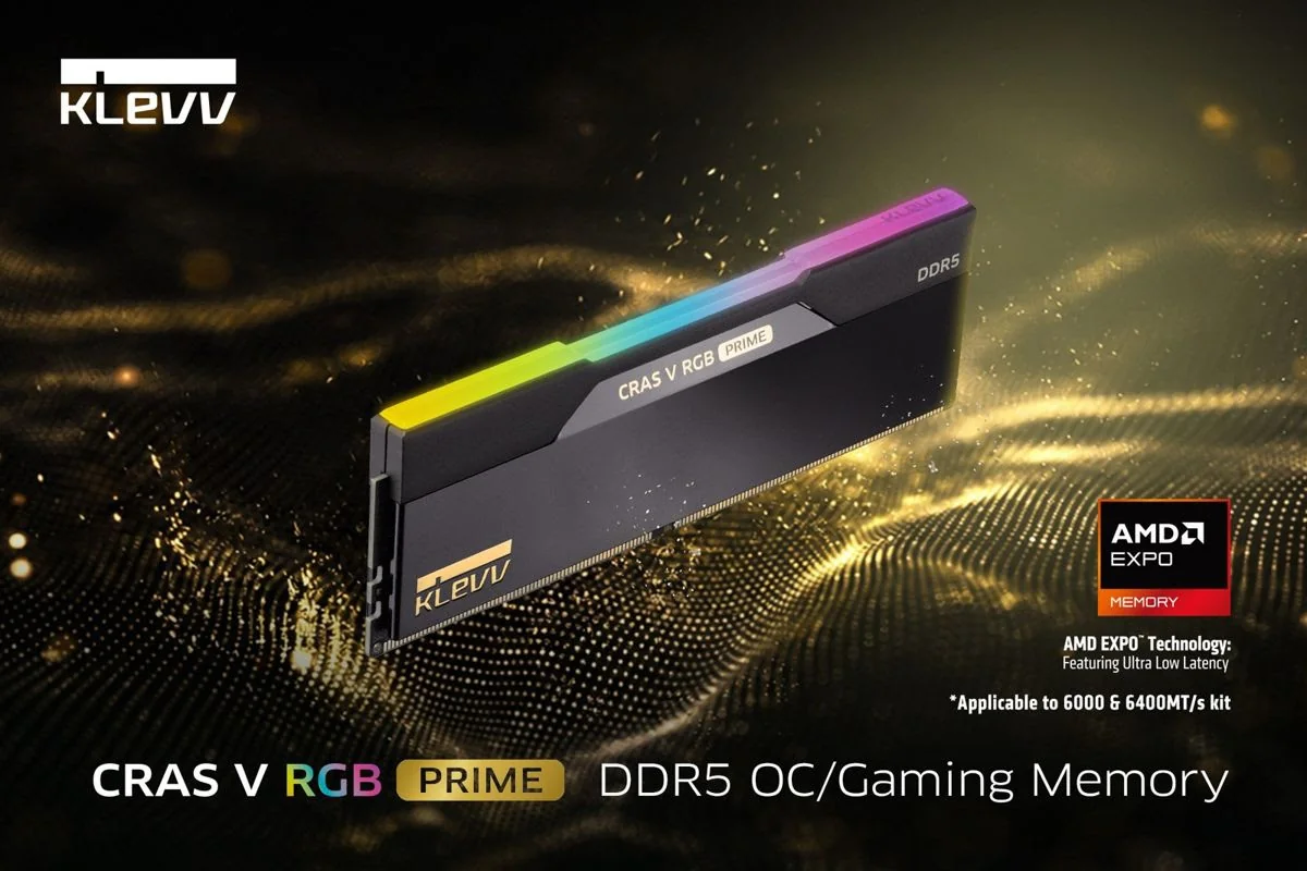 A Klevv CRAS V RGB Prime DDR5 OC/Gaming Memory module is shown with 'AMD EXPO Technology' branding and features noted for ultra-low latency.